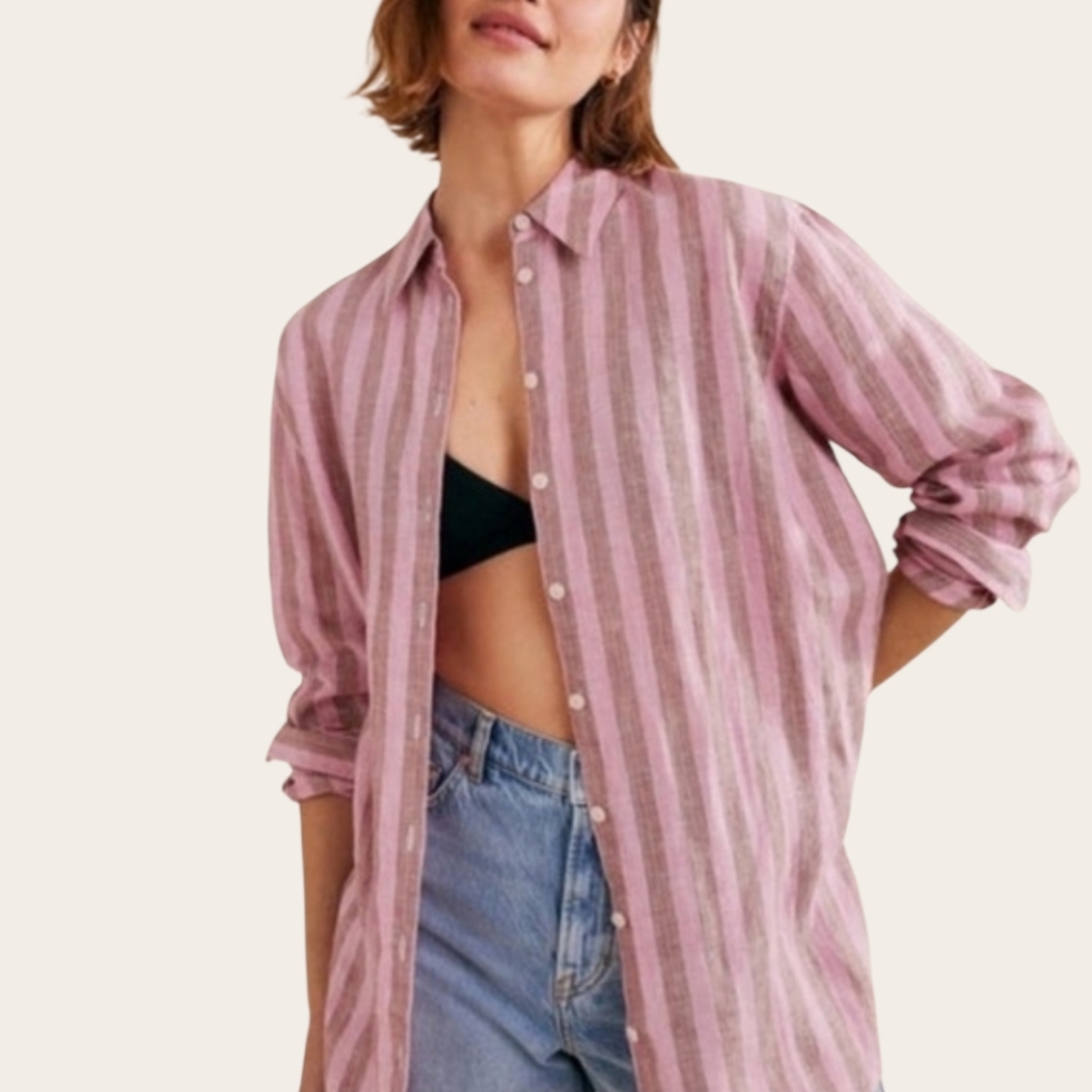 Boden Linen Blend Relaxed Oversized Formica Pink Sparkle Stripe Shirt 6 Petite